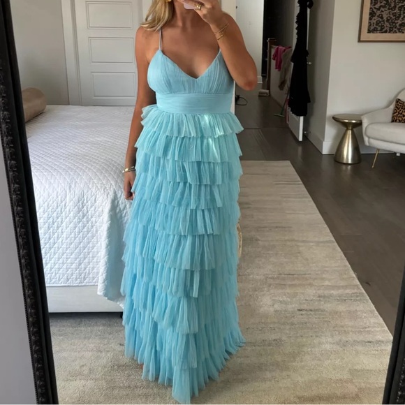 Lulus Radiant Event Light Blue Mesh Tiered Pleated Backless Maxi Dress - Picture 2 of 10